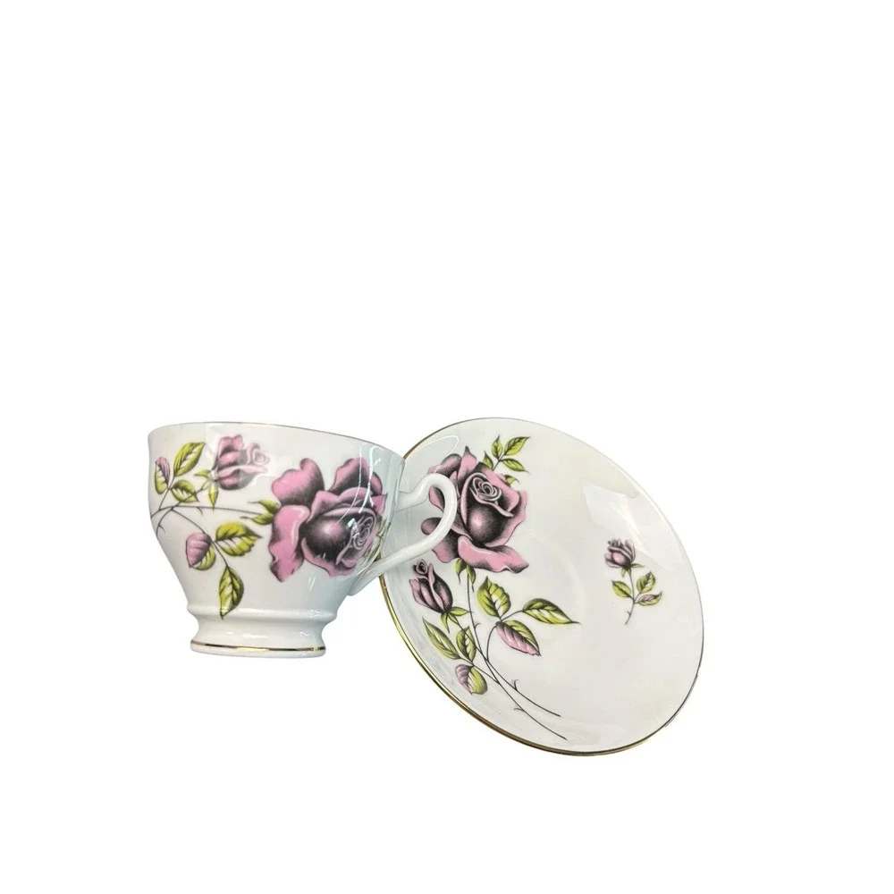 Imperial Fine English Bone China Pink Rose Tea Cup Saucer 22K Gold